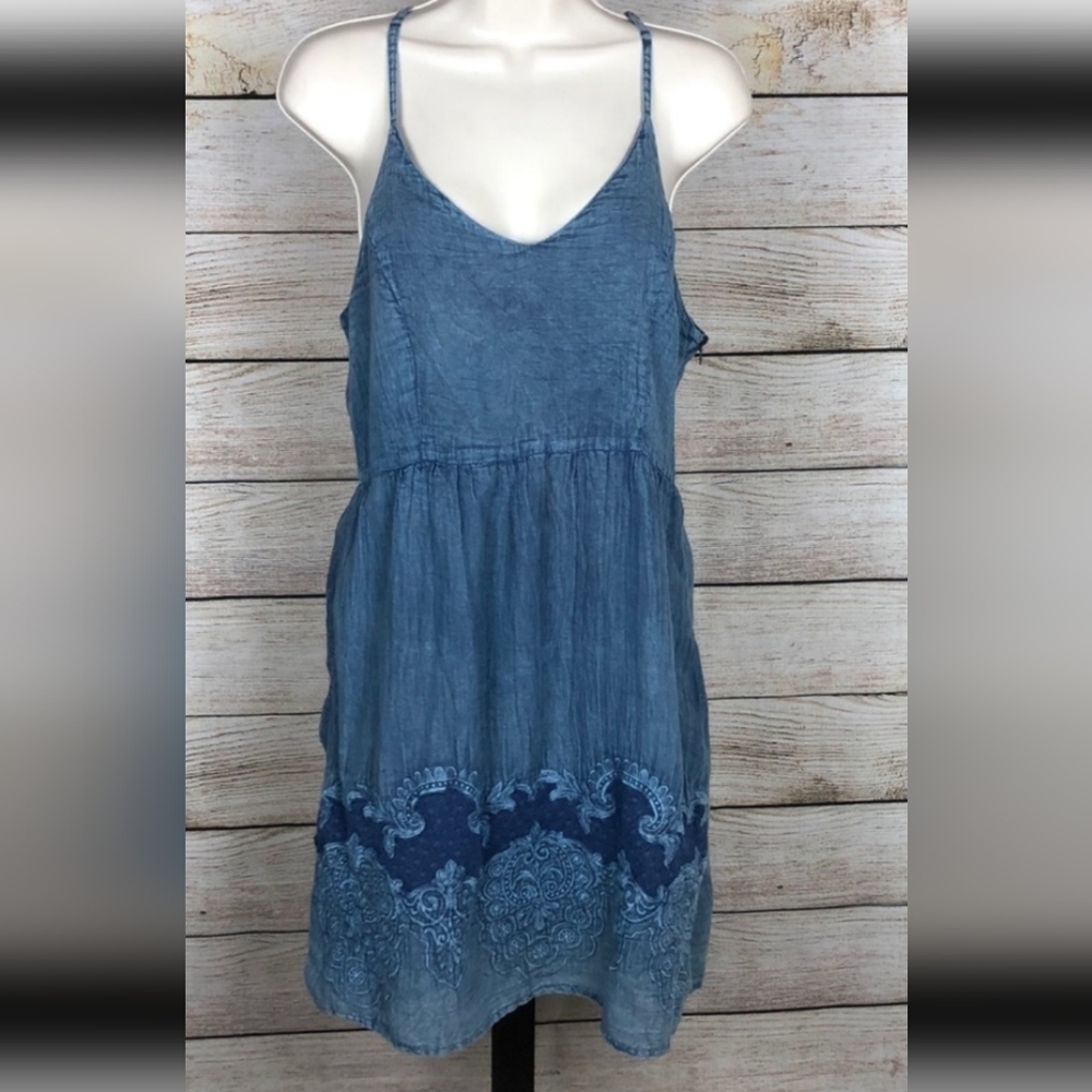 Romeo & Juliet Couture Denim Chambray Sleeveless Dress w Mesh Embroidered Bottom